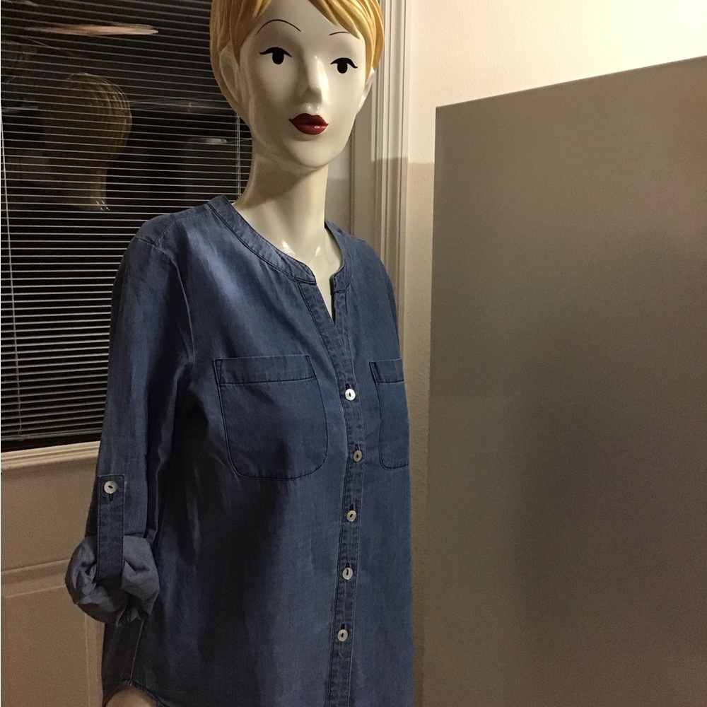 Blue denim blouse size Petite Small.